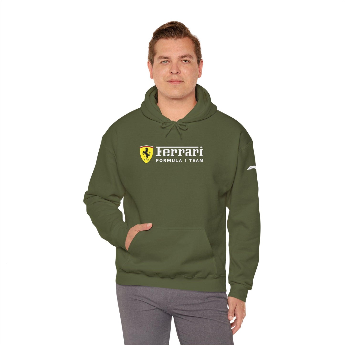 Ferrari Unisex Hoodie Heavy Blend™ - Cozy Comfy Sweatshirt - Classic Scuderia and Formula 1 Team - Gift for a Car Enthusiast - White Logos - AI Print Spot