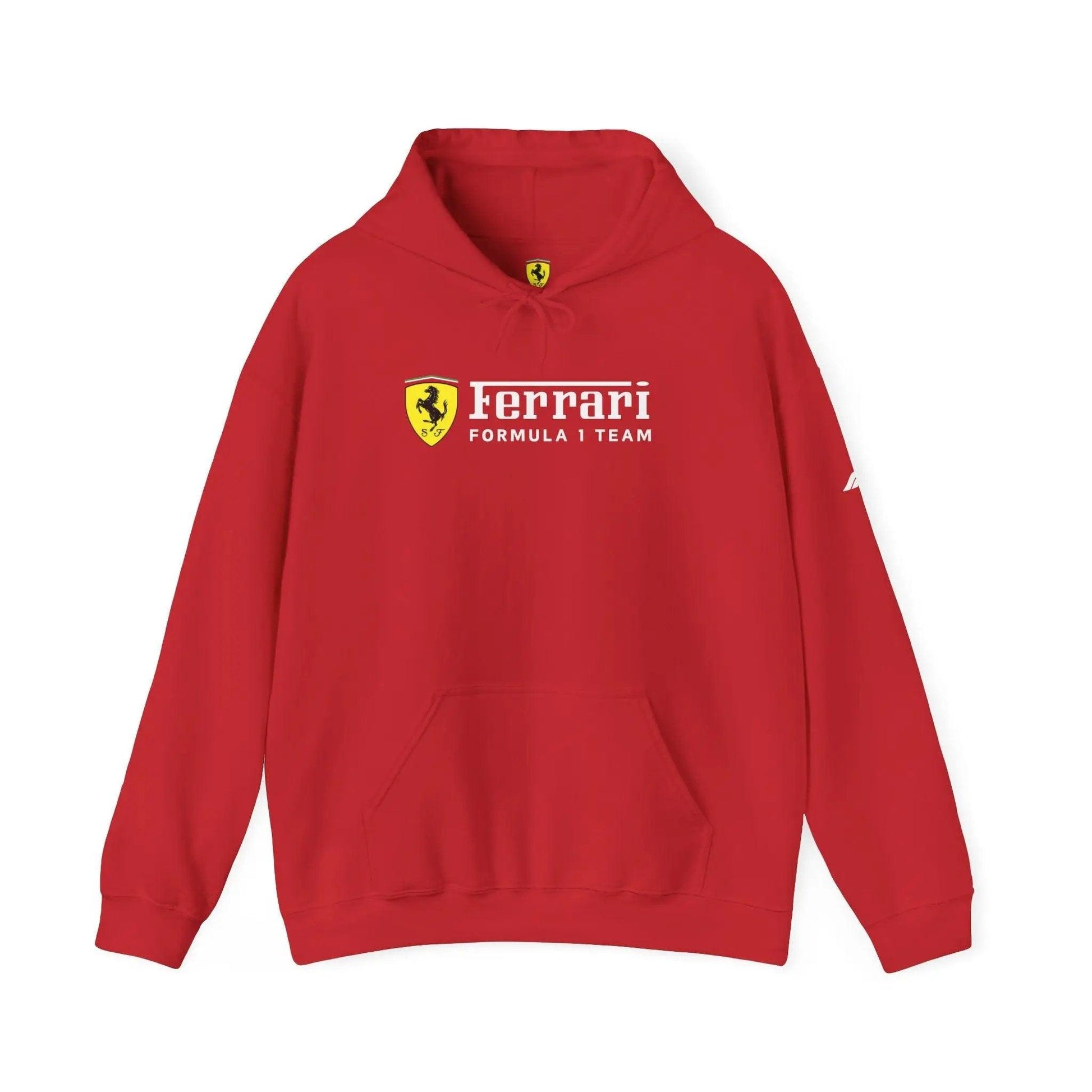 Ferrari Unisex Hoodie Heavy Blend™ - Cozy Comfy Sweatshirt - Classic Scuderia and Formula 1 Team - Gift for a Car Enthusiast - White Logos - AI Print Spot