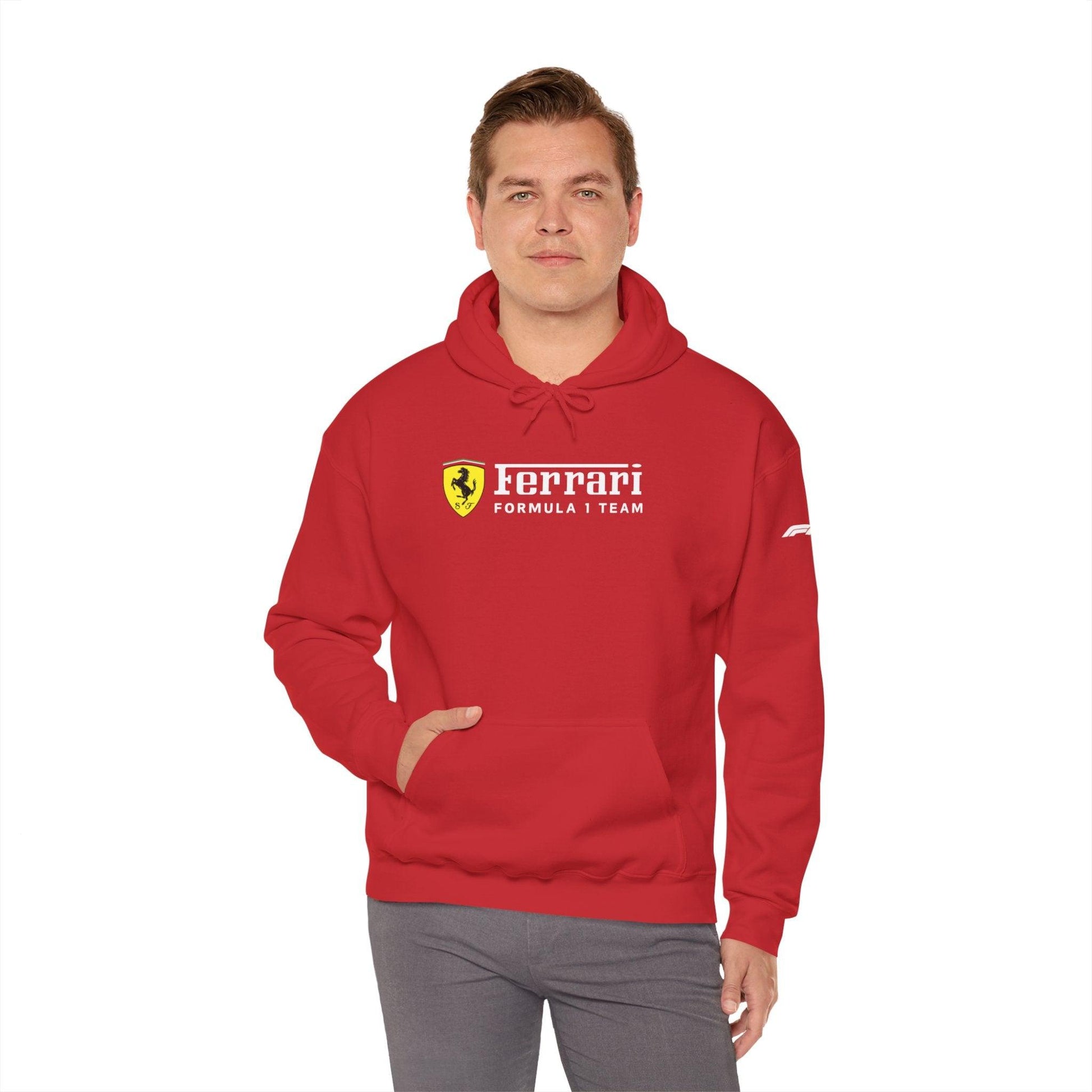 Ferrari Unisex Hoodie Heavy Blend™ - Cozy Comfy Sweatshirt - Classic Scuderia and Formula 1 Team - Gift for a Car Enthusiast - White Logos - AI Print Spot