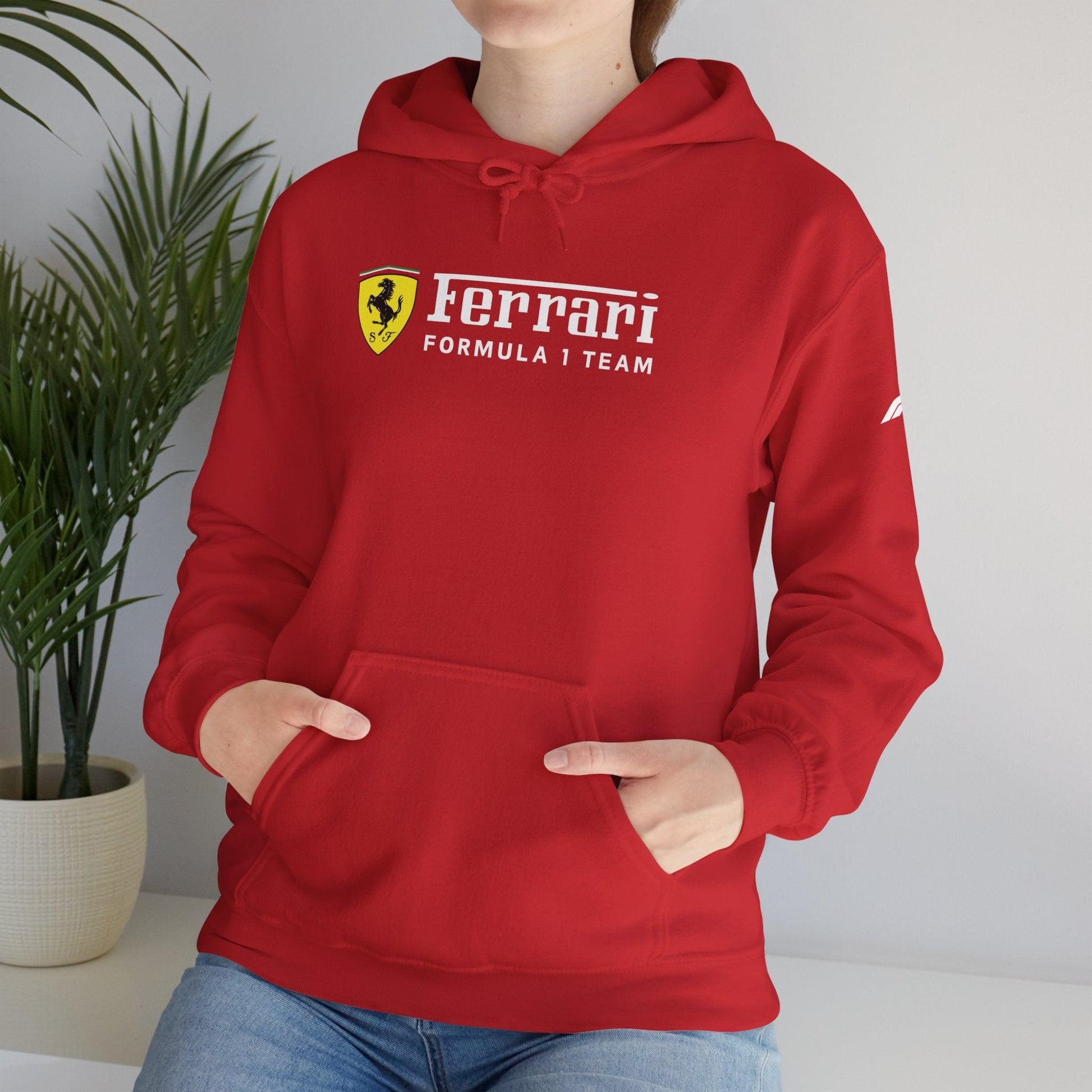 Ferrari Unisex Hoodie Heavy Blend™ - Cozy Comfy Sweatshirt - Classic Scuderia and Formula 1 Team - Gift for a Car Enthusiast - White Logos - AI Print Spot