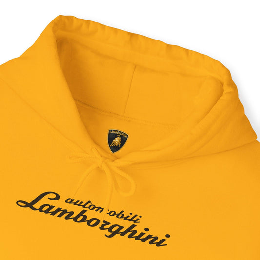 Lamborghini Hoodie - Unisex Heavy Blend™ - Black Script Logo - Cozy Car Enthusiast Wear - Bull Crest Detail - Keep Warm at Car Shows - AI Print Spot