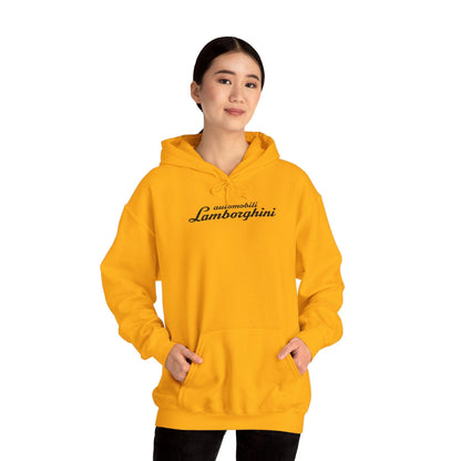 Lamborghini Hoodie - Unisex Heavy Blend™ - Black Script Logo - Cozy Car Enthusiast Wear - Bull Crest Detail - Keep Warm at Car Shows - AI Print Spot