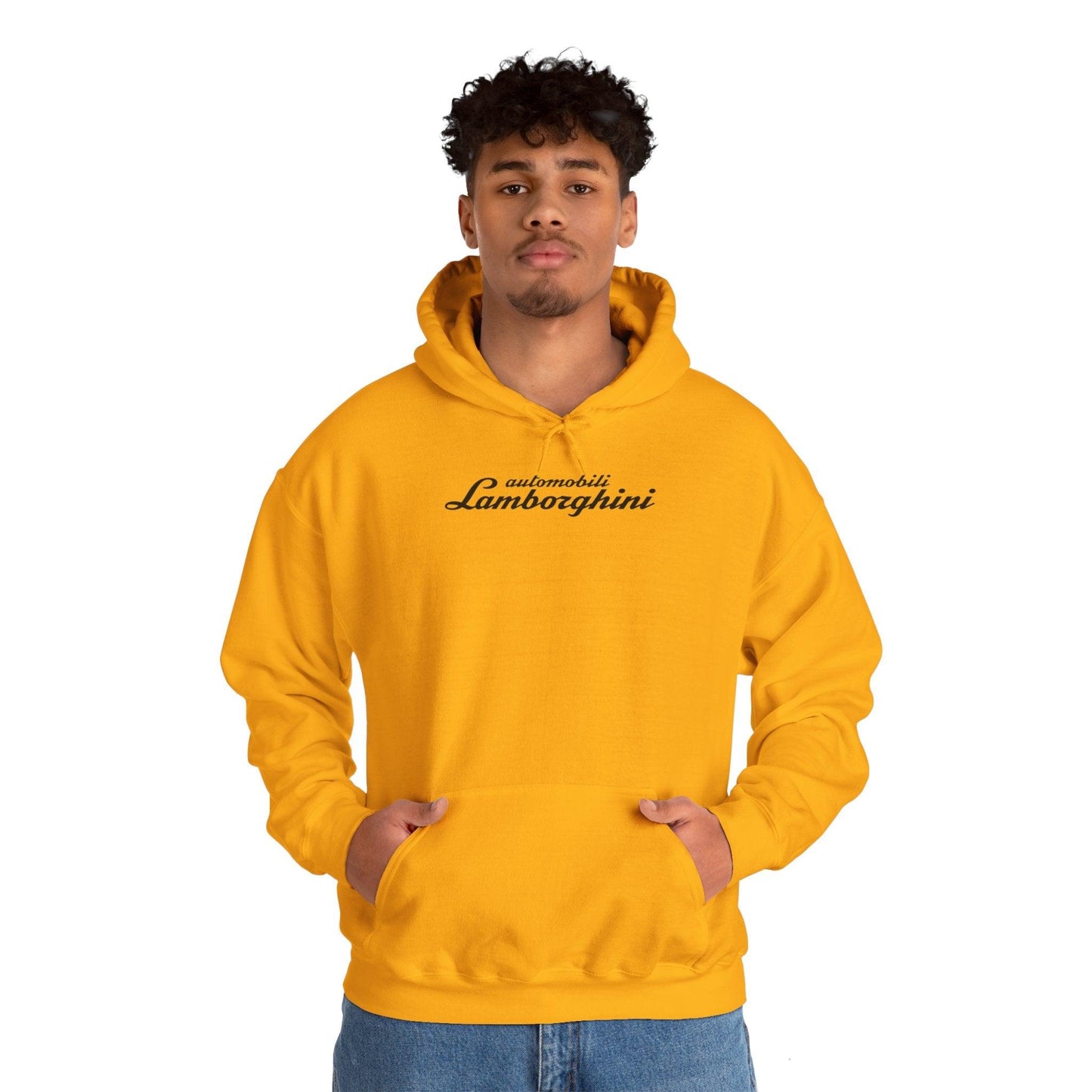 Lamborghini Hoodie - Unisex Heavy Blend™ - Black Script Logo - Cozy Car Enthusiast Wear - Bull Crest Detail - Keep Warm at Car Shows - AI Print Spot