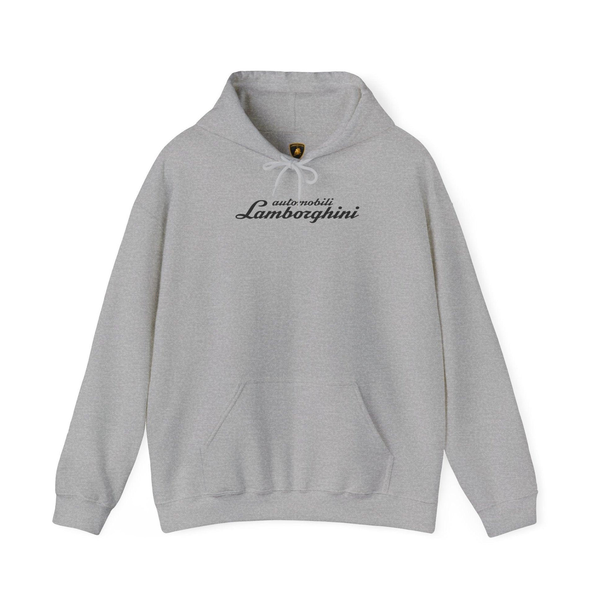 Lamborghini Hoodie - Unisex Heavy Blend™ - Black Script Logo - Cozy Car Enthusiast Wear - Bull Crest Detail - Keep Warm at Car Shows - AI Print Spot