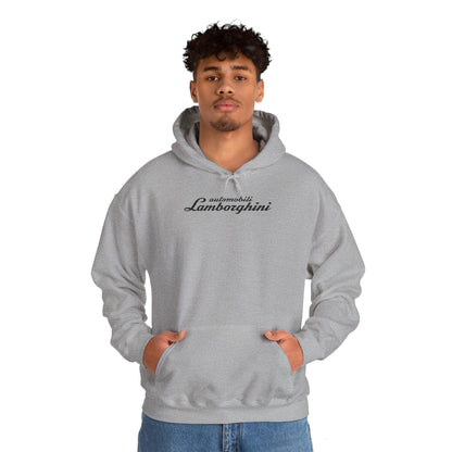 Lamborghini Hoodie - Unisex Heavy Blend™ - Black Script Logo - Cozy Car Enthusiast Wear - Bull Crest Detail - Keep Warm at Car Shows - AI Print Spot