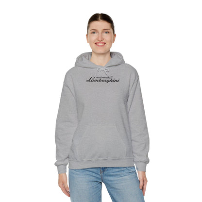 Lamborghini Hoodie - Unisex Heavy Blend™ - Black Script Logo - Cozy Car Enthusiast Wear - Bull Crest Detail - Keep Warm at Car Shows - AI Print Spot