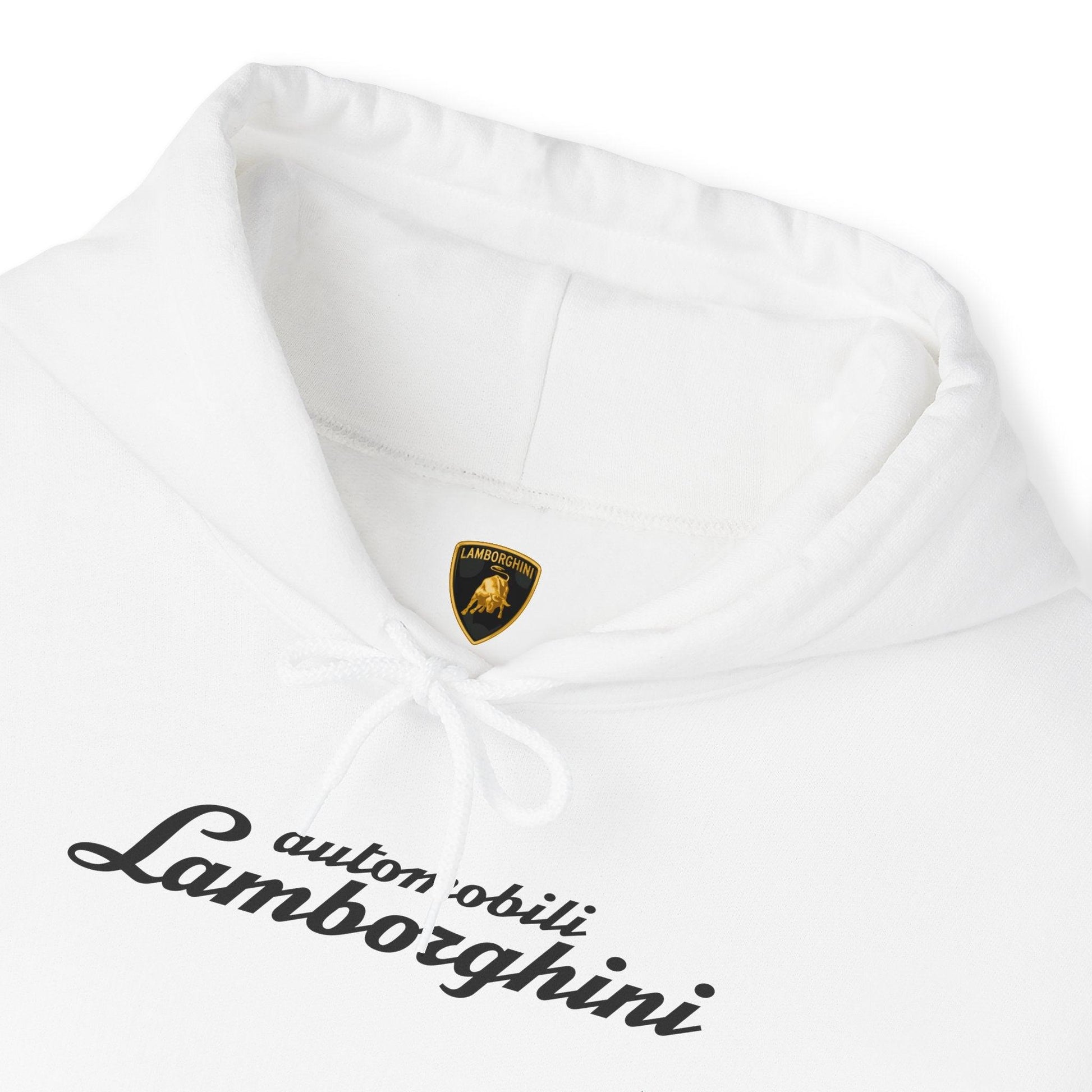 Lamborghini Hoodie - Unisex Heavy Blend™ - Black Script Logo - Cozy Car Enthusiast Wear - Bull Crest Detail - Keep Warm at Car Shows - AI Print Spot