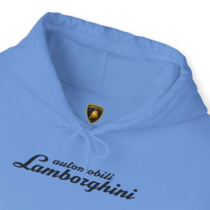 Lamborghini Hoodie - Unisex Heavy Blend™ - Black Script Logo - Cozy Car Enthusiast Wear - Bull Crest Detail - Keep Warm at Car Shows - AI Print Spot