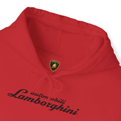 Lamborghini Hoodie - Unisex Heavy Blend™ - Black Script Logo - Cozy Car Enthusiast Wear - Bull Crest Detail - Keep Warm at Car Shows - AI Print Spot