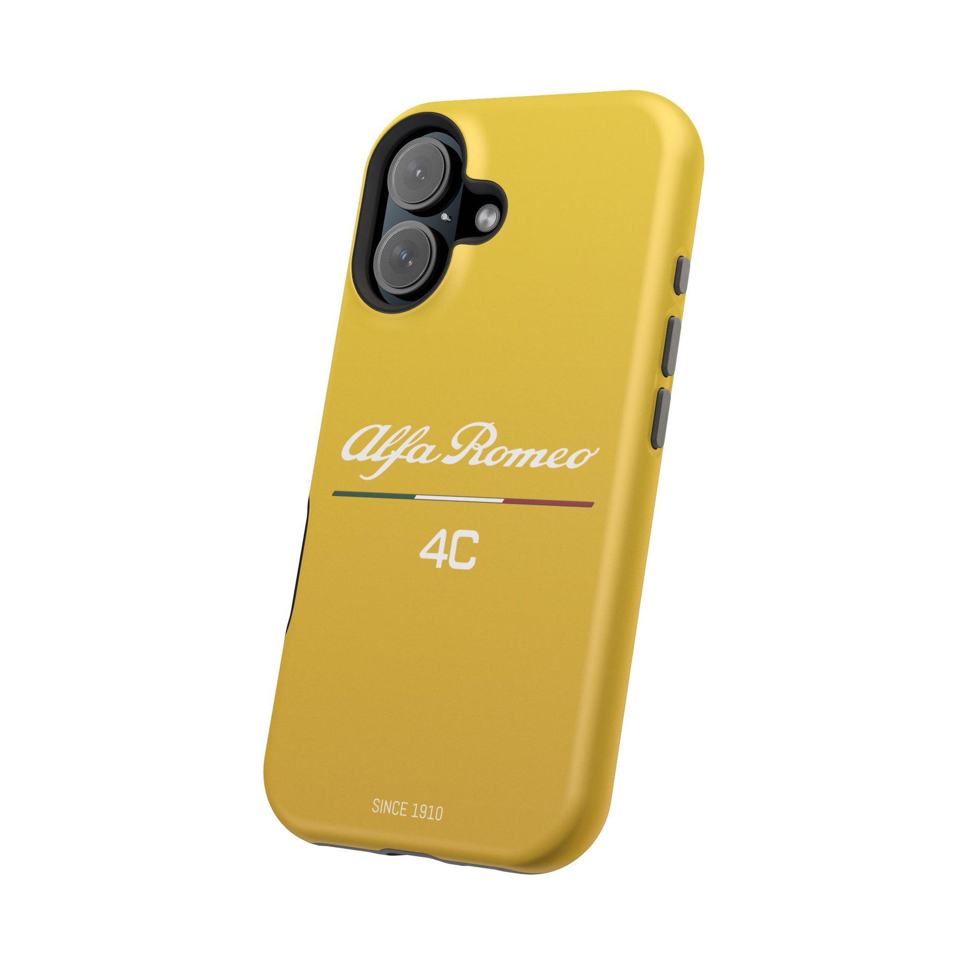 MagSafe® Dual Layer iPhone Case - Alfa Romeo 4C Design in White on Giallo Prototipo - AI Print Spot