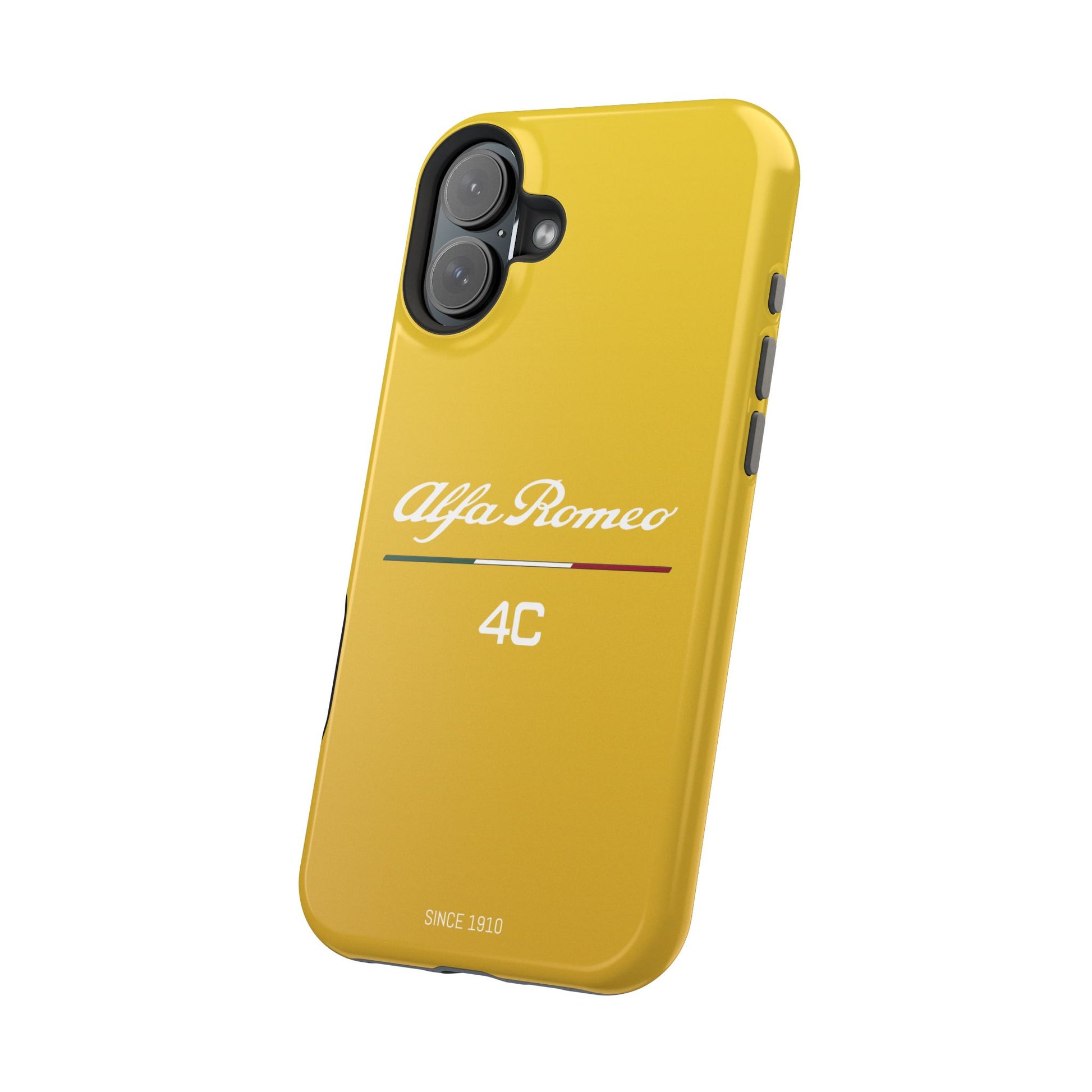 MagSafe® Dual Layer iPhone Case - Alfa Romeo 4C Design in White on Giallo Prototipo - AI Print Spot