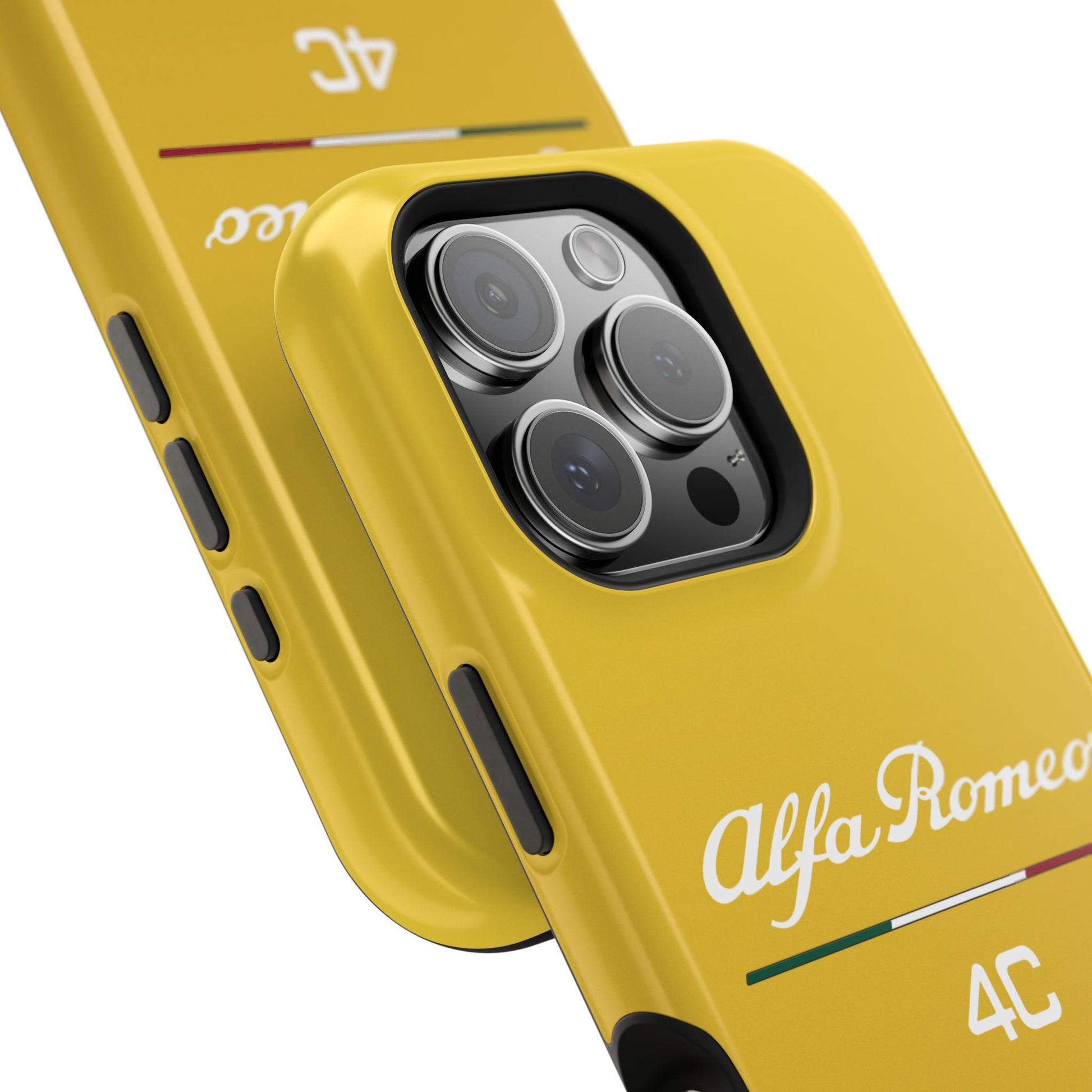 MagSafe® Dual Layer iPhone Case - Alfa Romeo 4C Design in White on Giallo Prototipo - AI Print Spot