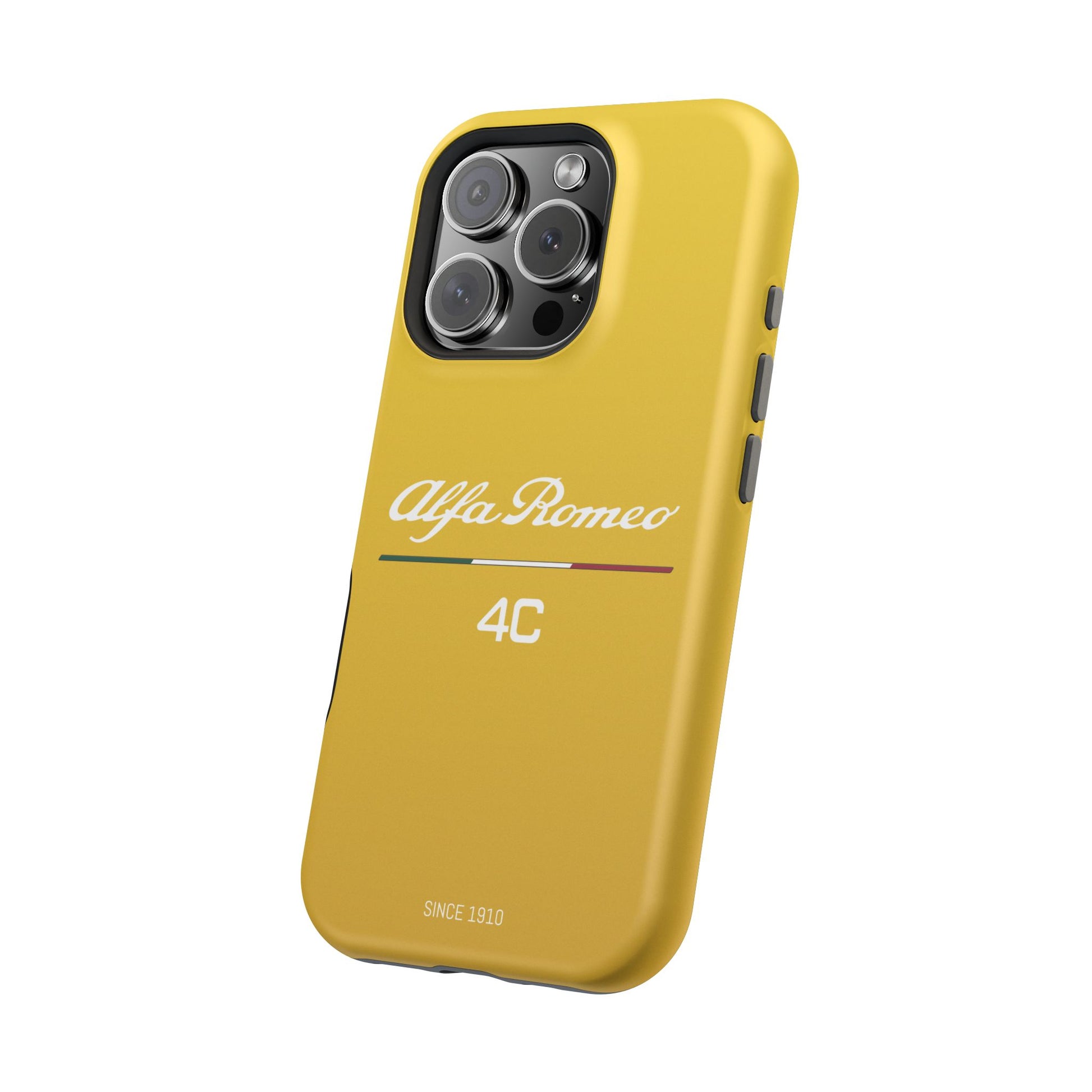 MagSafe® Dual Layer iPhone Case - Alfa Romeo 4C Design in White on Giallo Prototipo - AI Print Spot