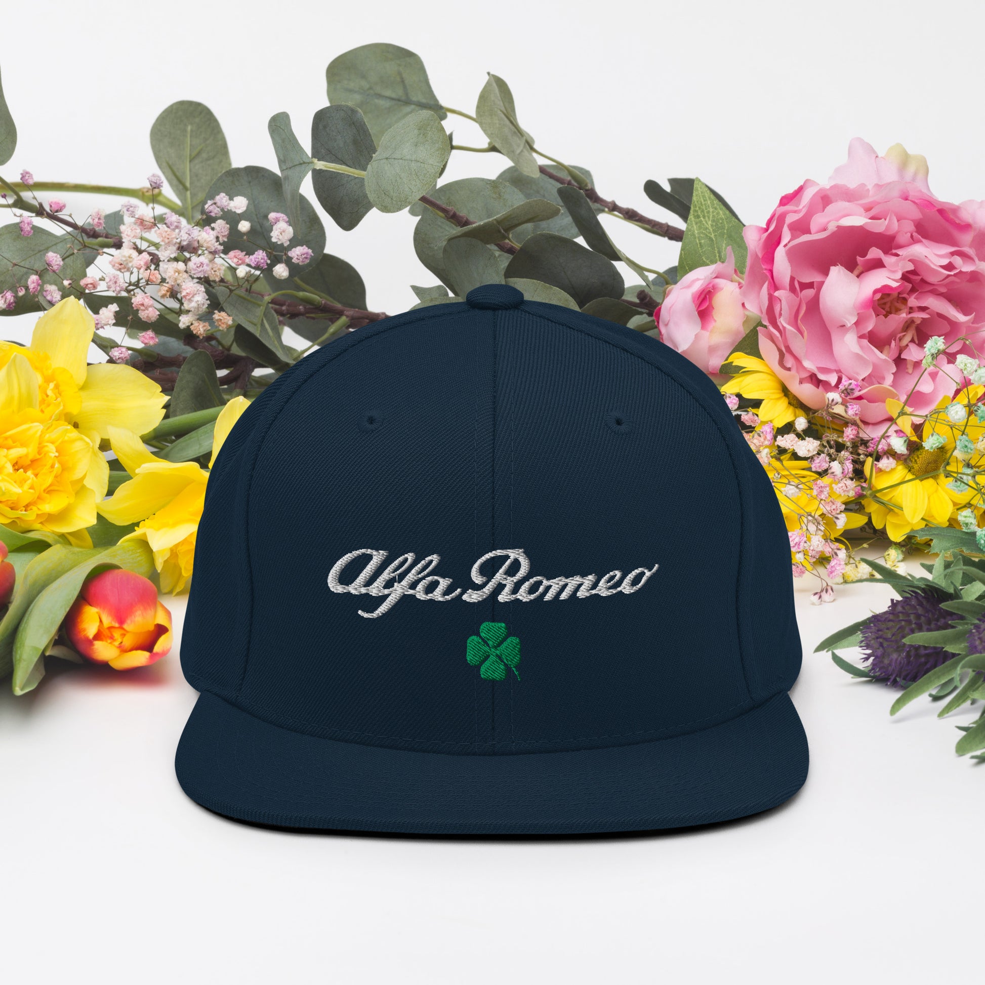 Snapback Hat | Embroidered Alfa Romeo Script, Quadrifoglio Verde & Biscione - AI Print Spot