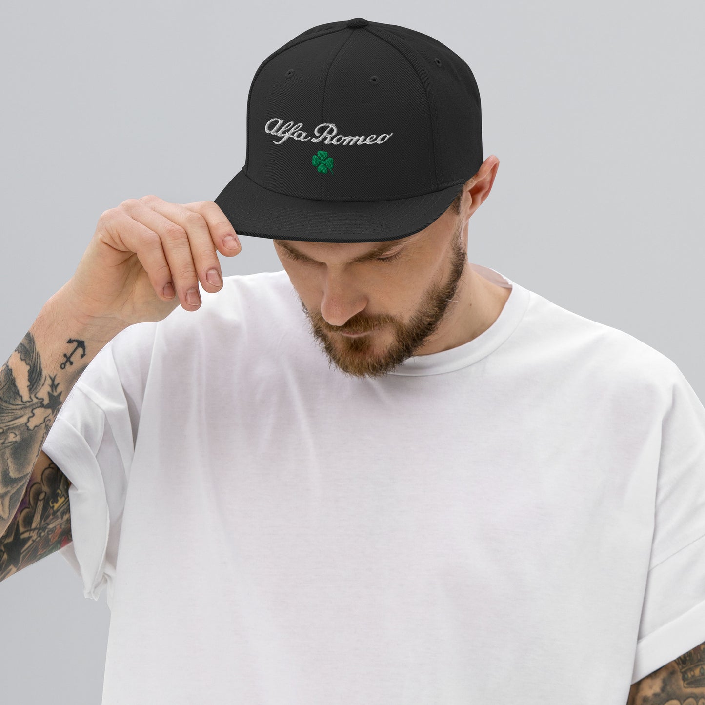 Snapback Hat | Embroidered Alfa Romeo Script, Quadrifoglio Verde & Biscione - AI Print Spot