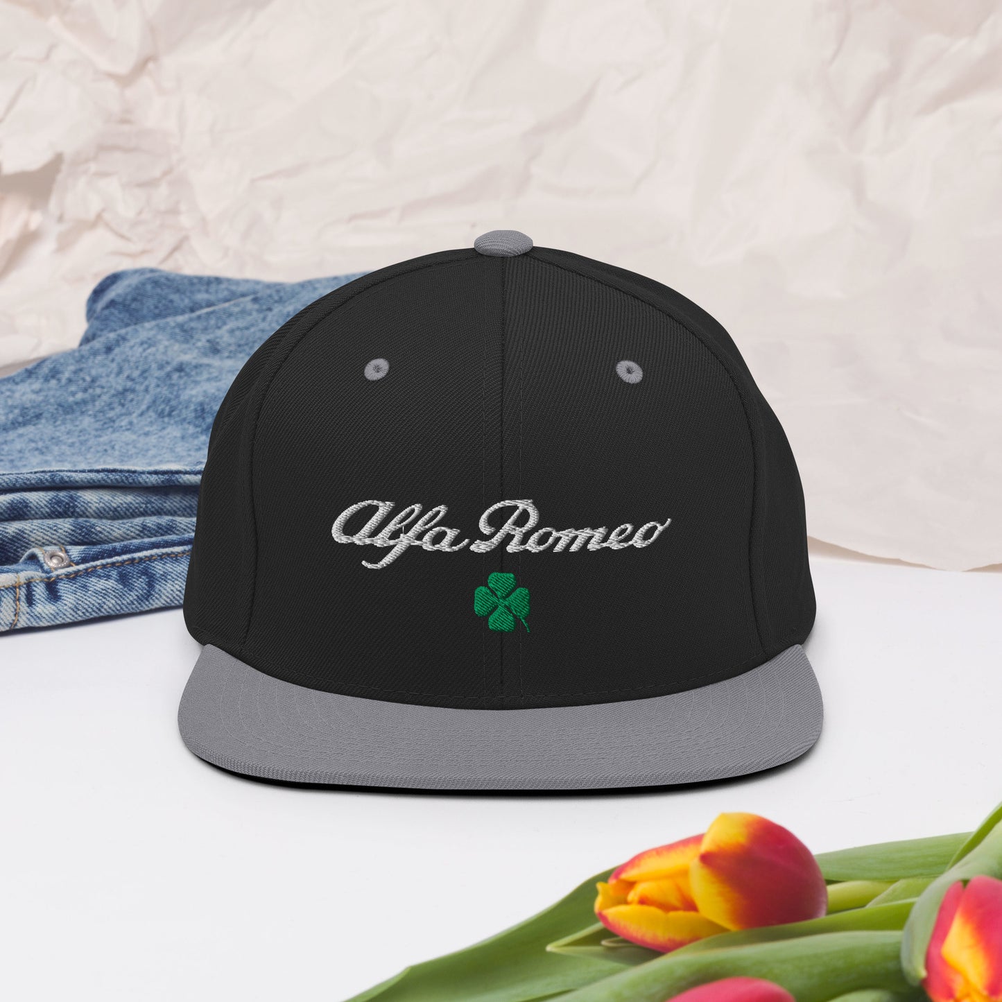 Snapback Hat | Embroidered Alfa Romeo Script, Quadrifoglio Verde & Biscione - AI Print Spot