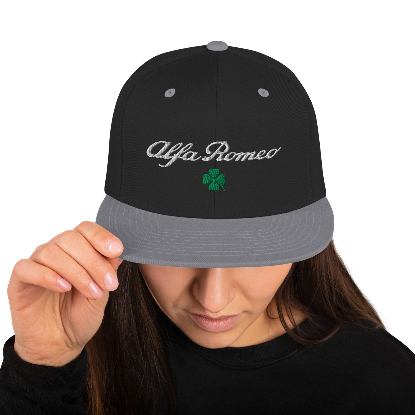 Snapback Hat | Embroidered Alfa Romeo Script, Quadrifoglio Verde & Biscione - AI Print Spot