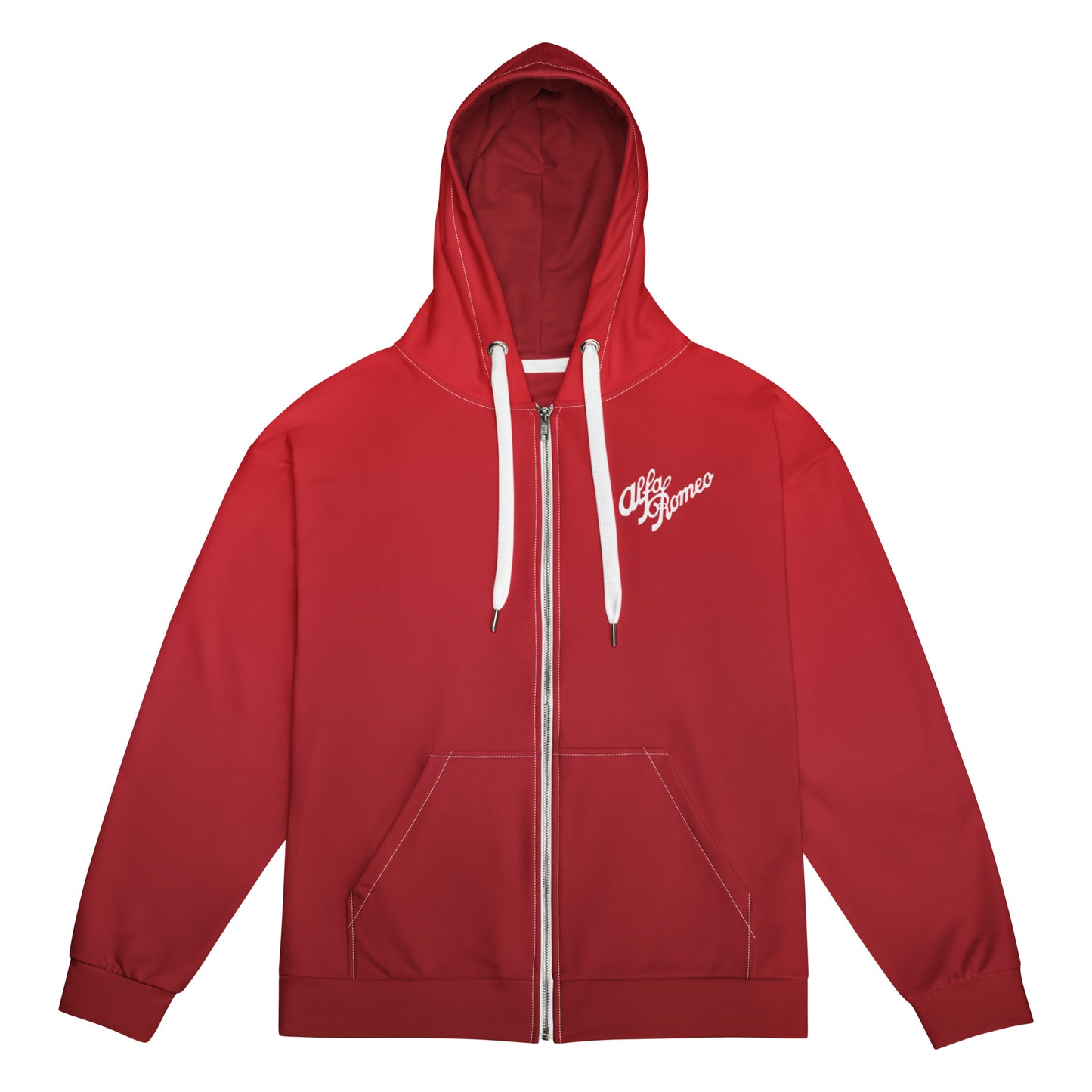 Unisex Zip Hoodie – Etna Rosso with Embroidered White Alfa Romeo Vintage Logo - AI Print Spot