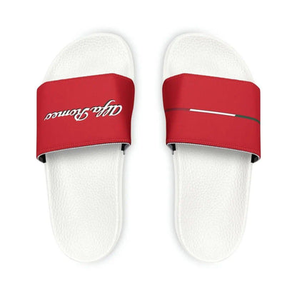 Alfa Romeo Script & Racing Flag Slide Sandals - Custom, Personalized - AI Print Spot