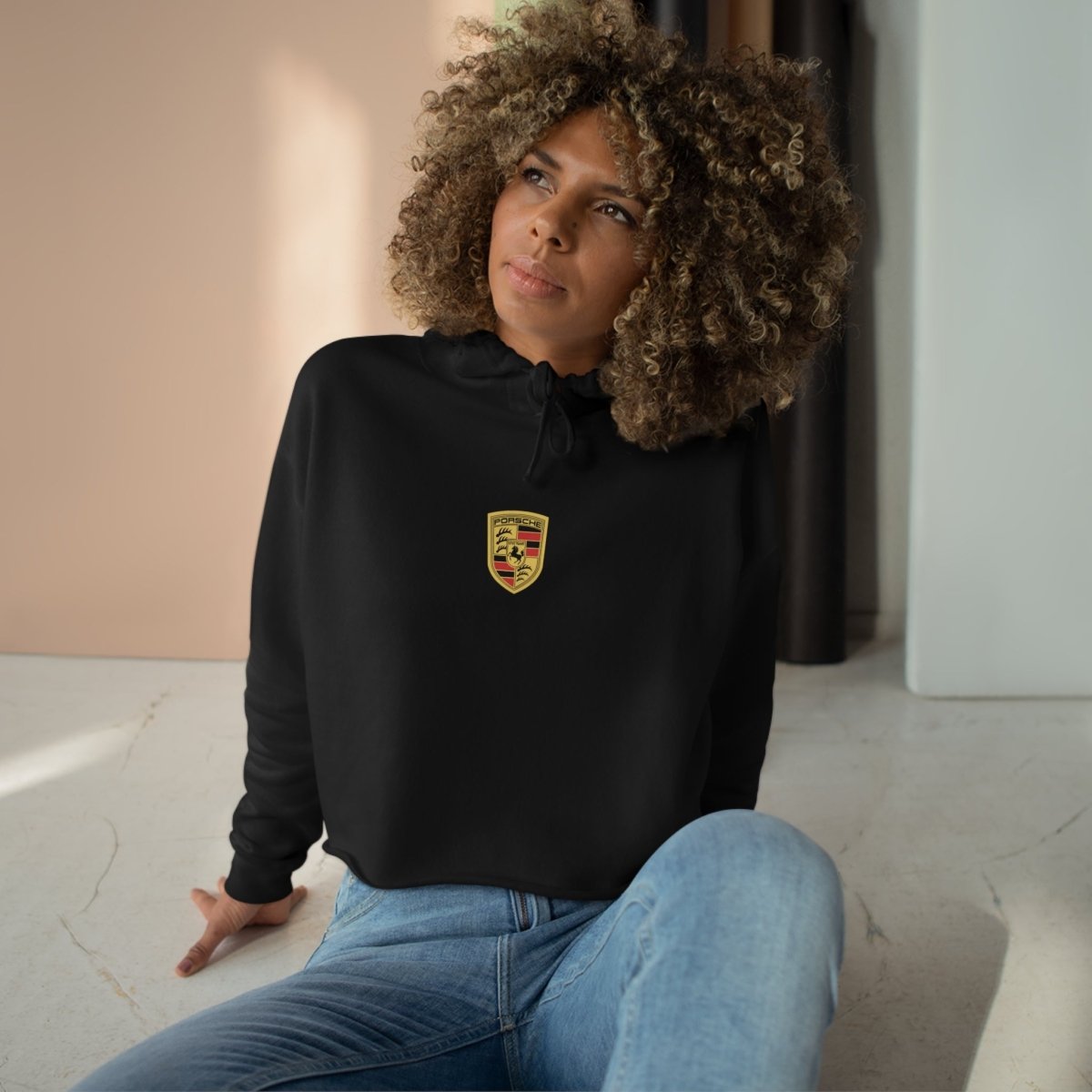 Porsche Crest Crop Hoodie for Women by Lane Seven - Chic Pullover in Black, White, & Pink with Ultra Tight-Knit Fleece - Hoodie - AI Print Spot